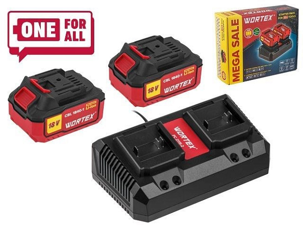 Набор аккумулятор 2х4 А*ч и зарядное устройство 2х2 А WORTEX ALL1 XLT в кор. SET (18.0 В, 2x4.0 А*ч, индикатор заряда, обрезиненный корпус, зарядное: 2 слота, 2 А.)