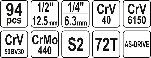Набор инструмента 1/2″, 1/4″  (94пр.) CrV Yato, YT-12681