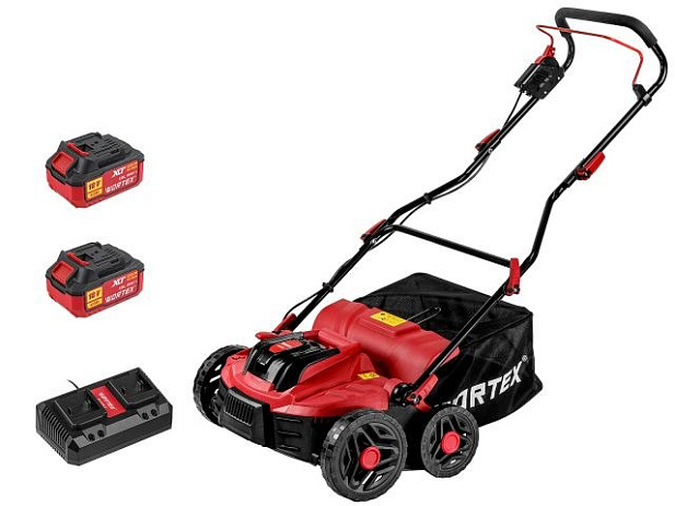 Аккум. аэратор-скарификатор WORTEX CAE 3736 ALL1 XLT SET БЕСЩЁТ.ДВИГ., 18В+18В, шир. 37 см (2 4Ач акб, зу, вал для аэрации, вал для скарификации, 5 рег.высоты, 45 л травосборник)