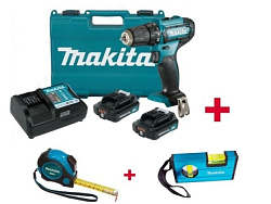 Аккум. дрель-шуруповерт MAKITA CXT DF 333 DWAE + АКЦИЯ рулетка и пузырьковый уровень в подарок (12.0 В, 2 акк., 2.0 А/ч Li-Ion, 2 скор., 30 Нм, шурупы до 8 мм+ АКЦИЯ рулетка и уровень в подарок)