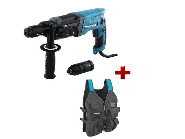 Перфоратор MAKITA HR 2470 FT в чем. + АКЦИЯ Жилет монтажника в подарок (780 Вт, 2.7 Дж, 3 реж., патрон SDS-plus, быстросъемн., БЗП в комплекте, вес 2.4 кг)