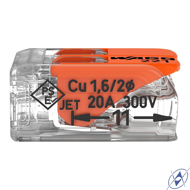 арт. 221-413, 3-проводная клемма, d: 0,2-4,0 мм2, прозр. корпус, оранж. рычаг